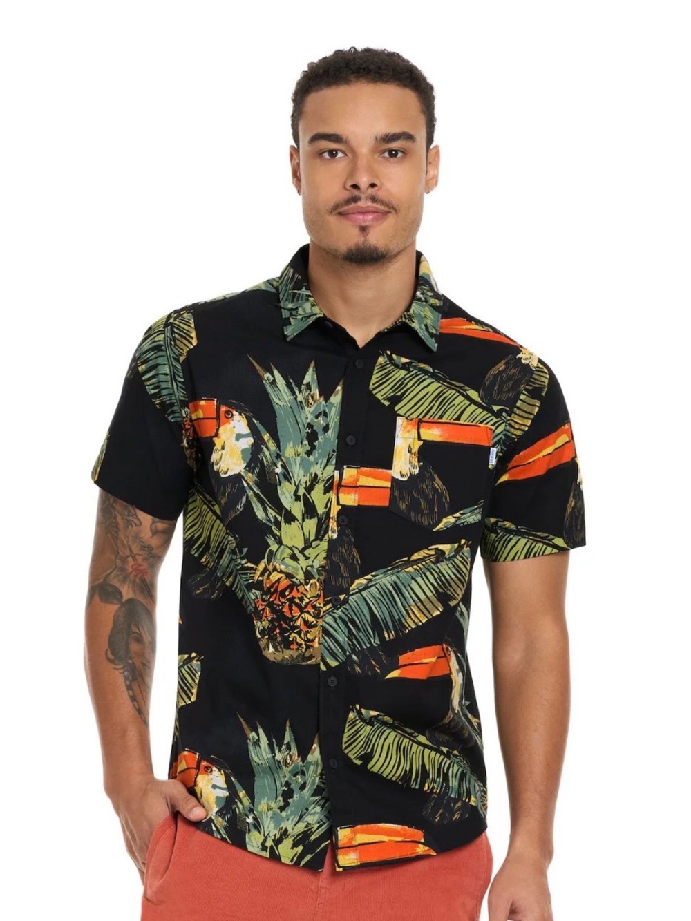 Men's Black Hurley Tropical Print Short-Sleeve Button Down Shirt